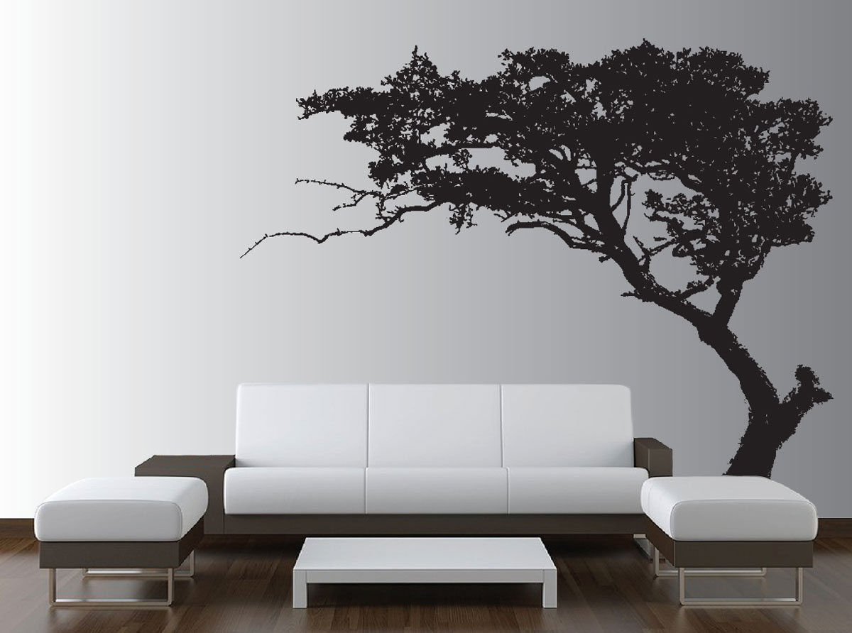 Desain Hiasan  Dinding  Ruang Tamu Gambar Pohon Dengan Sofa 